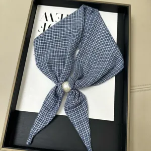 Plaid silk scarf with magnetic pearl buckle, stylish neck cover accessory for daily wear.
