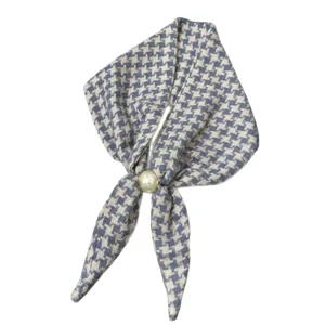 Blue grey houndstooth neck scarf with pearl magnetic buckle versatile fashion accessory.