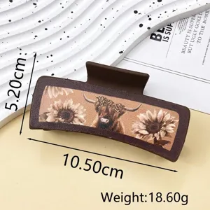 Western cowboy style leather hair claw clip with bull and sunflower design for women shark clip.