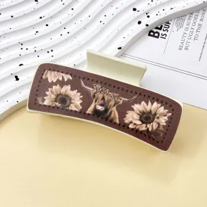 Western style hair claw clip with sunflower and highland cow pattern for women daily use.