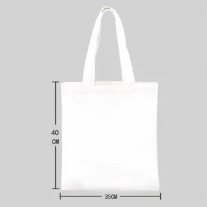 Detail view of white canvas tote bag displaying clear size dimensions for daily shopping use.