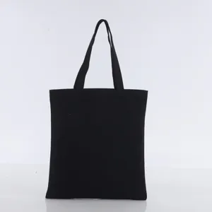 Black canvas tote bag detail view, simple daily shopping shoulder handbag for women.