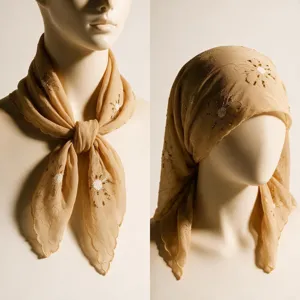 Close-up detail showing intricate bead embroidery and sequin floral patterns on a headscarf.