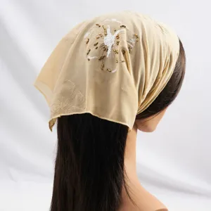 Detailed view of vintage sequin beaded embroidered triangle headscarf chiffon bandanna.