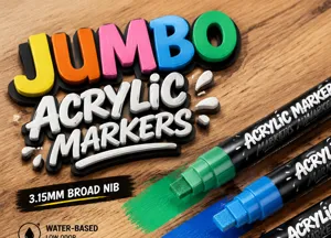Jumbo acrylic paint markers with 3.15mm broad nib, water-based and low odor for art crafting.
