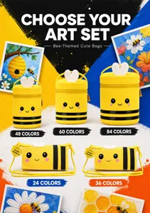 Close-up details of cute bee-themed canvas marker bags with vibrant yellow finish and cartoon face.