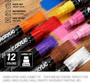 12-color acrylic paint markers with extra-wide jumbo tip for rock painting and graffiti art.