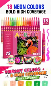 18 colors neon acrylic brush markers set for rock painting, canvas, ceramic, wood, and glass art.
