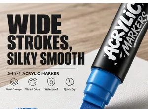 Large capacity acrylic marker detail shot showing wide blue tip, waterproof and quick dry.