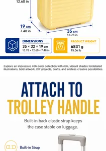 Detailed view of yellow storage case showing dimensions and trolley handle strap features.