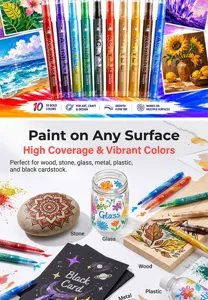 Acrylic paint markers set detail view showing vibrant colors and multi-surface usage on wood and stone.