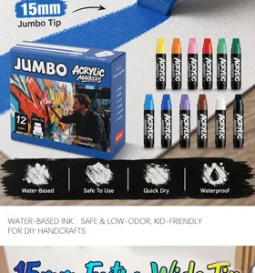 12 colors jumbo acrylic paint markers with 15mm extra large tips for rock, glass, and canvas art.