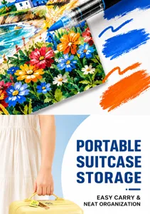 Detailed view of liquid acrylic markers painting landscape and portable suitcase storage case.