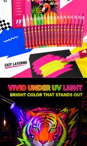 Detail of 18-color acrylic brush markers showing vibrant fluorescent and UV light art effects.