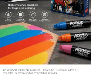15mm acrylic paint markers set, 12 vibrant colors for rock painting, wood, canvas and craft.