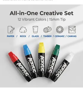 15mm tip acrylic marker set, vibrant colors for rock, glass, wood, and canvas art detailing