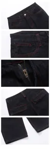 Detailed close-up view of dark women denim jeans featuring stylish red contrast stitching and metal zipper.
