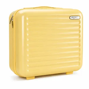 Compact yellow hardshell travel suitcase cosmetic makeup storage case with horizontal stripes.