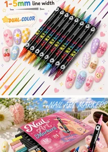 Lot de 24 marqueurs de nail art double pointe imperméables à séchage rapide pour dessin d'ongles