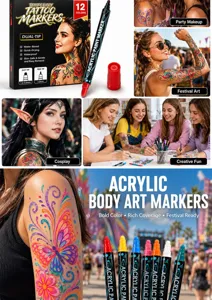 Dual-tip temporary tattoo markers detail view, showcasing vibrant festival body art colors.