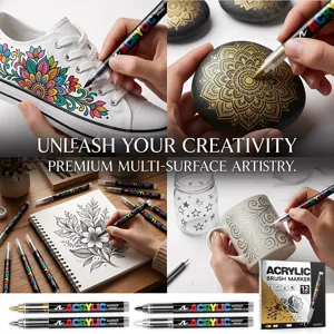 Acrylic paint pens set, dual tip liquid marker for rock painting, canvas, ceramic, and DIY crafts.