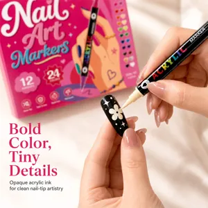 Marqueurs pour nail art en acrylique double pointe 24 couleurs pour manucure et dessin pro.