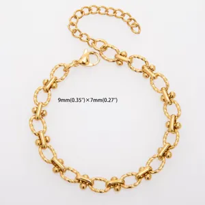 Gold titanium steel dumbbell link chain detail, premium stainless steel fashion jewelry accessory.