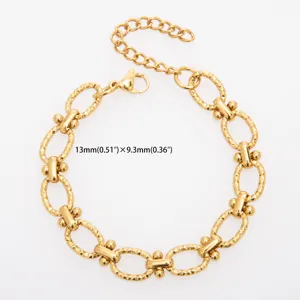 Gold titanium steel dumbbell chain bracelet, unique textured metal oval link fashion jewelry.