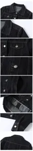 Dark denim jacket detail shots showing contrast stitching, metal buttons, and quality fabric.