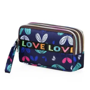 Oxford cloth wallet detail, multi-layer zipper design, floral pattern, convenient wrist strap.