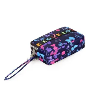 Oxford cloth multi-layer zipper wallet detail view with wrist strap and cute bow prints.