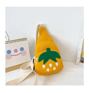 Cute kids canvas crossbody bag yellow strawberry design casual daily shoulder bag for children