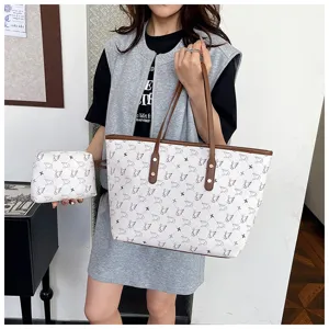 Women large capacity tote bag with matching pouch, vintage swan print shoulder commuter bag.