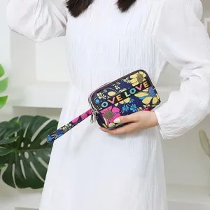 Large capacity Oxford cloth zipper long wallet with floral print and wrist strap for women.
