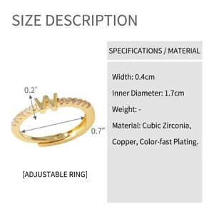 Detailed size chart and specifications for the adjustable letter W rhinestone ring.