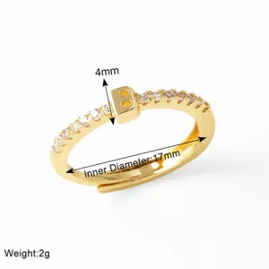 Gold-plated letter B rhinestone ring, adjustable inner diameter 17mm, elegant jewelry.