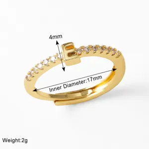 Gold 26 letter ring with sparkling zircon stones, inner diameter 17mm, stylish accessory.