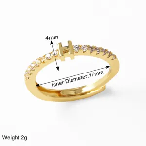 Gold-plated 26 letter H pave cubic zirconia ring stylish adjustable fashion jewelry for women