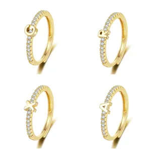 Niche Artistic Retro Copper Rhinestone Open Ring English Alphabet Letter Gold Silver Electroplated Decorative Unisex Finger Ring