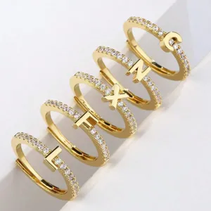 Gold-plated pave cubic zirconia initial letter adjustable rings set for women fashion jewelry.
