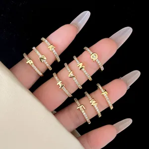 Gold-plated 26 alphabet letter pave cubic zirconia rings fashion dainty initial jewelry.