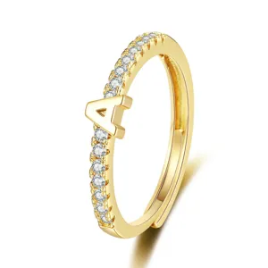 Fashion rhinestone initial letter A ring for women, luxury gold adjustable ring jewelry
