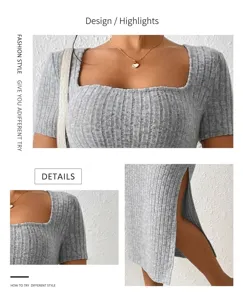 Detalle de vestido de punto acanalado gris con cuello cuadrado, manga corta y abertura lateral.