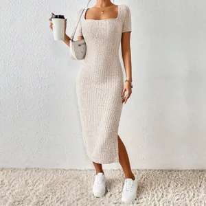 Vestido Midi Ajustado Sexy para Mujer Estilo Occidental Cuello Cuadrado Manga Corta Abertura Punto Color Sólido Fiesta Verano