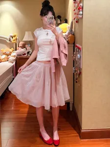 Damen rosa plissierter Tüllrock lässiger hoher Bund Tutu Rock süßer Stil süßes Outfit.