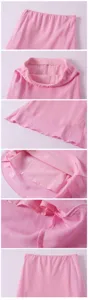 Pink linen blend skirt detail close up showing elastic waistband and neat stitching features.