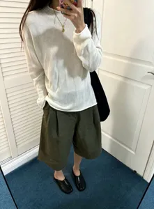Casual loose linen cotton knit top for women, comfortable long sleeve autumn sweater basic wear.
