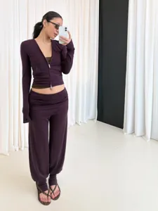 Women yoga activewear set deep purple zip jacket stirrup pants gym fitness outfit