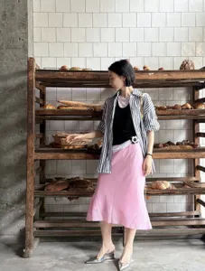 Pink linen blend fishtail midi skirt, chic French style casual design for women wardrobe.