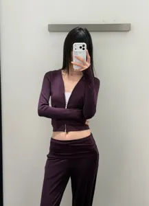 Women purple athletic zip up jacket and high elastic flare yoga pants activewear set
